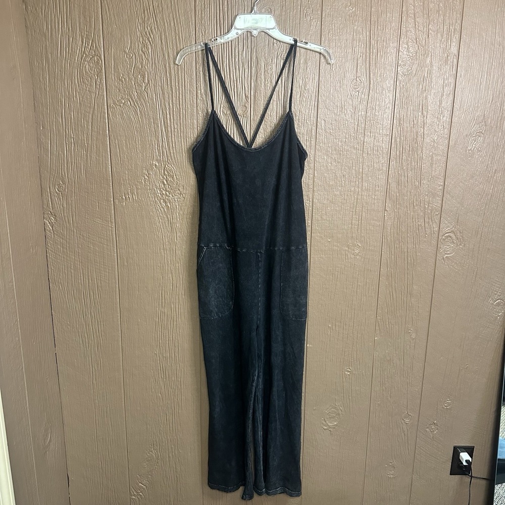 Beyond Yoga Breezy Jumpsuit Sz L Cropped Pockets Cotton Summer Washed Black
